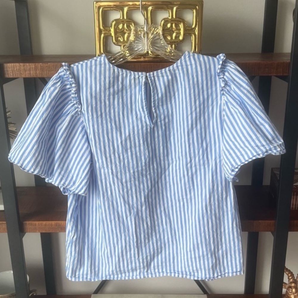 Pomander Place Tuckernuck Blue & White Striped Poplin Lightweight Ruffle Top S - Picture 8 of 14